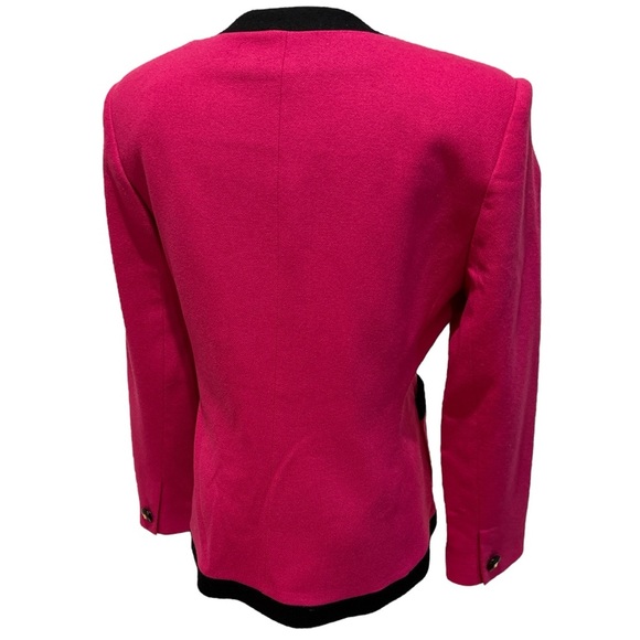 80s OLEG CASSINI FUSHIA PINK & BLACK COLORBLOCK COLLARLESS CROPPED BLAZER SZ 8 - Picture 5 of 8